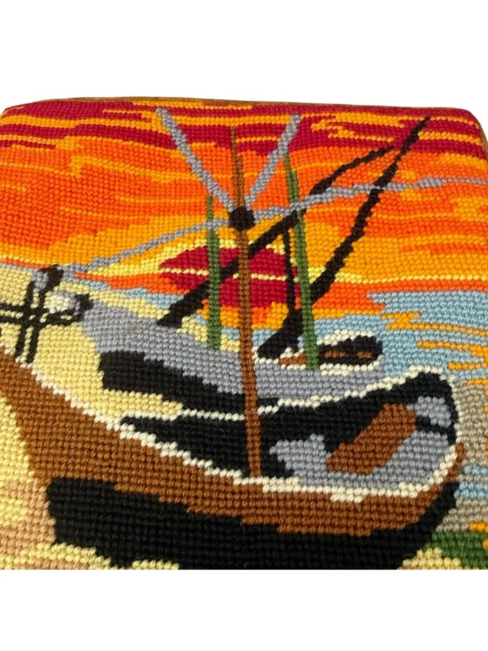Vintage Needlepoint Pillow Cover Sunset Boats MCM Brown Velveteen Zippered 14.5